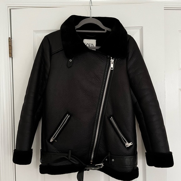 Zara Black Women's Aviator Faux Leather/Fur Jacket Moto Biker Belted Jacket XS - Picture 2 of 5
